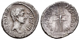Augusto. Octavio Q Salvius. Denario. 40 a.C. Provisional y Militar. (Ffc-323). (Cal-1240). Anv.: Cabeza descubierta de Octavio a derecha, alrededor C ...