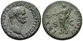 Vespasiano. Sestercio. 71 d.C. Roma. (Spink-2330). (Ric-437). (Ch-326). Rev.: PAX AVGVSTI SC. Piedad en pie a izquierda con rama y cuerno de la abunda...