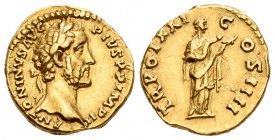 Antonino Pío. Áureo. 157-158 d.C. Roma. (Ric-279a). (Cal-1684). Anv.: ANTONINVS AVG PIVS P P IMP II. Busto laureado a derecha. Rev.: TR POT XXI COS II...