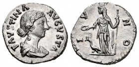 Faustina Madre. Denario. 150-175 d.C. Roma. (Spink-4597). (Ric-391). Rev.: IVNO. Juno en pie con pátera y cuerno de la abundancia, a sus pies águila. ...
