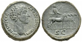 Marco Aurelio. Sestercio. 146 d.C. Roma. (Spink-4810). (Ric-1246). (Ch-582). Rev.: SC. Marco Aurelio en cuadriga con cetro a derecha. Ae. 30,60 g. Muy...