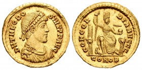 Teodosio I. Sólido. 380-81 d.C. Constantinopla. (Spink-20392). (Ric-223). Rev.: CONCORDIA AVGG / CONOB. Constantinopla sentada a derecha, con globo y ...
