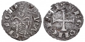 Reino de Castilla y León. Doña Urraca (1109-1126). Dinero. (Bautista-14). (Mozo-U1:9.1). Anv.: VRAC REGIN. La riena parece estar sentada sobre un asie...