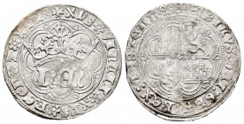 Reino de Castilla y León. Enrique IV (1454-1474). 1 real. Burgos. (Bautista-900 variante). Ag. 3,38 g. Variante de leyenda de anverso separada por flo...