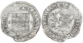 Fernando e Isabel (1474-1504). 2 reales. Sevilla. (Cal-264). Ag. 6,77 g. Escudo entre S - II. Excepcional ejemplar de leyendas completas, que por el t...