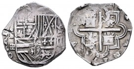 Felipe II (1556-1598). 2 reales. 1591. Segovia. I. (Cal-519). Ag. 6,79 g. Ensayador I sobre acueducto a izquierda del escudo y 91, en posición vertica...