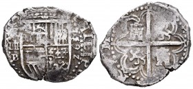 Felipe II (1556-1598). 4 reales. 1592. Sevilla. B. (Cal-401). Ag. 13,64 g. Fecha completa de cuatro dígitos. Pequeña grieta. Rara. MBC. Est...200,00. ...
