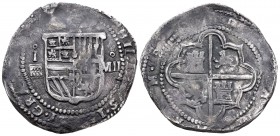 Felipe II (1556-1598). 8 reales. Segovia. I. (Cal-165). Ag. 26,75 g. Visible parte del nombre y numeral del rey. Acueducto de tres arcos de dos pisos ...