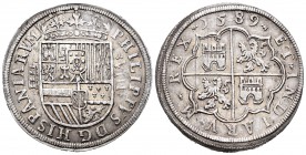 Felipe II (1556-1598). 8 reales. 1589. Segovia. (Cal-203). Ag. 27,37 g. Acueducto de tres arcos y un piso, variante de corona. Rara. EBC. Est...2200,0...