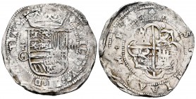 Felipe II (1556-1598). 8 reales. Toledo. M. (Cal-260). Ag. 26,89 g. Visible el nombre y numeral del rey. Final de leyenda GRATIA:+:. Escasa. MBC+. Est...