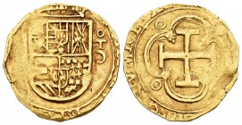 Felipe II (1556-1598). 2 escudos. Toledo. C al revés. (Cal-no cita). (Tauler-no cita). Au. 6,55 g. Tipo "OMNIVM". Fecha no visible. Marca de ceca y en...
