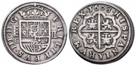 Felipe III (1598-1621). 2 reales. 1608. Segovia. C. (Cal-365). Ag. 6,40 g. Acueducto de tres arcos. Puntos acotando el valor. Rara. MBC+. Est...420,00...