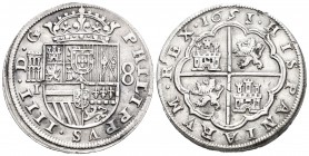 Felipe IV (1621-1665). 8 reales. 1651/30. Segovia. I. (Cal-581). Ag. 26,98 g. Acueducto de 2 arcos de 2 pisos. Hojitas en reverso. Rara. MBC+. Est...9...