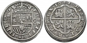 Felipe IV (1621-1665). 8 reales. 1651/31. Segovia. I. (Cal-582). Ag. 26,61 g. Sobrefecha tenue, pero visible. Acueducto horizontal de 2 arcos de 2 pis...