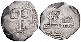 Carlos II (1665-1700). 8 reales. 1897. Lima. H. (Cal-241). Ag. 27,26 g. Doble flecha visible. MBC+. Est...300,00. 

Charles II (1665-1700). 8 reales...