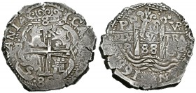 Carlos II (1665-1700). 8 reales. 1688. Potosí. VR. (Cal-373). Ag. 27,67 g. Doble acuñación. Tres fechas visibles. MBC+. Est...600,00. 

Charles II (...