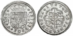 Felipe V (1700-1746). 2 reales. 1717. Madrid. J. (Cal-1244). Ag. 6,15 g. Bonito ejemplar. EBC+. Est...160,00. 

Philip V (1700-1746). 2 reales. 1717...