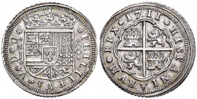 Felipe V (1700-1746). 8 reales. 1711. Madrid. J. (Cal-687). Ag. 26,07 g. Marca de ceca sobre ensayador a la izquierda del escudo, flanqueado por ornam...