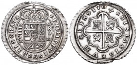 Felipe V (1700-1746). 8 reales. 1704. Sevilla. P. (Cal-922). Ag. 26,26 g. Ligero fallo de acuñación normal en este tipo. Excepcional ejemplar de este ...