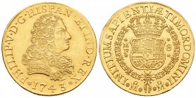 Felipe V (1700-1746). 8 escudos. 1743. México. MF. (Cal-139). (Cal onza-441). Au. 27,01 g. Marquitas en anverso. Buen ejemplar. Rara. EBC/EBC+. Est......