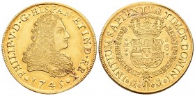 Felipe V (1700-1746). 8 escudos. 1745. México. MF. (Cal-141). (Cal onza-443). Au. 26,93 g. Bello ejemplar. Brillo original. Rara. EBC+. Est...4200,00....