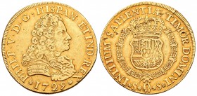Felipe V (1700-1746). 8 escudos. 1729. Sevilla. (Cal-194). (Cal onza-526). Au. 26,89 g. Hojitas en reverso. Sin ensayador. Leyenda PHILP. Rara. MBC+/M...
