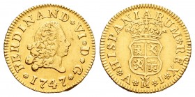 Fernando VI (1746-1759). 1/2 escudo. 1747. Madrid. AJ. (Cal-240). Au. 1,75 g. Golpe en el canto. Muy rara. MBC+/MBC. Est...350,00. 

Ferdinand VI (1...