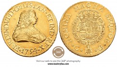 Fernando VI (1746-1759). 8 escudos. 1754. Guatemala. J. (Cal-4). (Cal onza-551). Au. 26,80 g. Restos de brillo original. Leves marquitas. Primera mone...