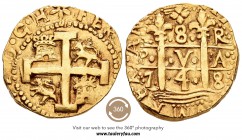 Fernando VI (1746-1759). 8 escudos. 1748. Lima. R. (Cal-11). (Cal onza-560). (Tauler-560). Au. 26,99 g. Florón sobre el valor. L-8-R / P-V-A / 7-4-8. ...