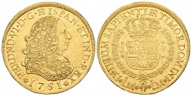 Fernando VI (1746-1759). 8 escudos. 1751. Lima. J. (Cal-18). (Cal onza-577). Au. 26,95 g. Rayita de ajuste. Restos de brillo original. Escasa. EBC+/EB...