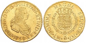 Fernando VI (1746-1759). 8 escudos. 1758. Lima. JM. (Cal-27). (Cal onza-588). Au. 26,99 g. Golpecito en el canto. Muy bella. Rara. EBC+. Est...3500,00...