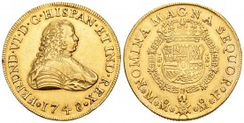 Fernando VI (1746-1759). 8 escudos. 1748. México. MF. (Cal-34). (Cal onza-597). Au. 26,97 g. Segundo busto. Golpecito en el canto. Rara. EBC-/EBC. Est...