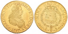 Fernando VI (1746-1759). 8 escudos. 1757. México. MM. (Cal-45). (Cal onza-608). Au. 27,00 g. Tercer busto. Restos de brillo original. Rara. EBC. Est.....