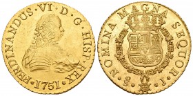 Fernando VI (1746-1759). 8 escudos. 1751. Santiago. J. (Cal-72). (Cal onza-644). Au. 27,06 g. Bello ejemplar. Brillo original. Rara. EBC+/SC-. Est...3...