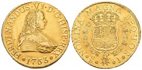 Fernando VI (1746-1759). 8 escudos. 1753. Santiago. J. (Cal-75). (Cal onza-647). Au. 26,97 g. Golpecito en la "U" de SEQUOR. Bonito color. Rara. MBC+/...