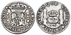 Carlos III (1759-1788). 2 reales. 1765. Guatemala. P. (Cal-1235). Ag. 6,57 g. Muy rara sin agujero. MBC. Est...600,00. 

Charles III (1759-1788). 2 ...