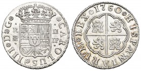 Carlos III (1759-1788). 2 reales. 1760. Madrid. JP. (Cal-1290). Ag. 5,74 g. Brillo original. EBC. Est...180,00. 

Charles III (1759-1788). 2 reales....