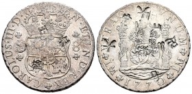 Carlos III (1759-1788). 8 reales. 1770. Lima. (Cal-847). Ag. 26,93 g. Punto sobre los monogramas de ceca. Resellos orientales. Brillo original. Escasa...