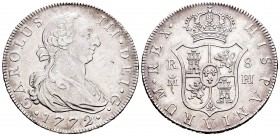 Carlos III (1759-1788). 8 reales. 1772. Madrid. PJ. (Cal-876). Ag. 26,54 g. Primer año de busto. Grafiti en el campo del anverso. Parte de brillo orig...