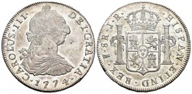 Carlos III (1759-1788). 8 reales. 1774. Potosí. JR. (Cal-980). Ag. 26,78 g. Leves impurezas. Golpecito en la frente. Brillo original. SC-. Est...700,0...
