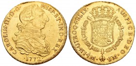 Carlos III (1759-1788). 8 escudos. 1772. Lima. M. (Cal-26). (Cal onza-693). Au. 26,91 g. Segundo tipo "cara de rata". Mentón ligeramente realzado. Mar...