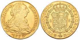 Carlos III (1759-1788). 8 escudos. 1773. Madrid. PJ. (Cal-53). (Cal onza-722 variante). Au. 27,00 g. Punto entre ensayadores. Leves golpecitos en el c...