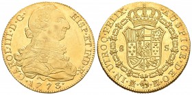 Carlos III (1759-1788). 8 escudos. 1773. Madrid. PJ. (Cal-53). (Cal onza-722 variante). Au. 27,06 g. Punto entre ensayadores. Rayita en anverso. Brill...