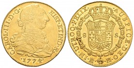 Carlos III (1759-1788). 8 escudos. 1774. Madrid. PJ. (Cal-54). (Cal onza-723). Au. 27,03 g. Punto entre ensayadores. Gran parte de brillo original. Go...