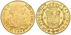 Carlos III (1759-1788). 8 escudos. 1786/71. Madrid. DV/PJ. (Cal-66). (Cal onza-737 variante). Rev.: 2500. Au. 26,89 g. Calicó Onza no cita esta rectif...