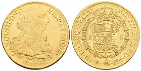 Carlos III (1759-1788). 8 escudos. 1774. México. FM. (Cal-91). (Cal onza-763). Au. Ceca y ensayadores invertidos. Brillo original en reverso. MBC+/EBC...