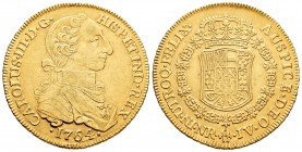 Carlos III (1759-1788). 8 escudos. 1764. Santa Fe de Nuevo Reino. JV. (Cal-163). (Cal onza-849). Au. 26,94 g. Tipo "cara de rata". Muy rara. Ex Aureo,...