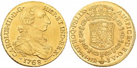 Carlos III (1759-1788). 8 escudos. 1768. Santa Fe de Nuevo Reino. JV. (Cal-168). (Cal onza-858). Au. 27,04 g. Tipo "cara de rata". Sin indicación de v...