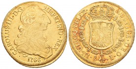 Carlos III (1759-1788). 8 escudos. 1766. Santiago. J. (Cal-209). (Cal onza-907). Au. 26,96 g. Tipo "cara rata". Sin punto despues de REX. Habitual acu...