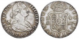 Carlos IV (1788-1808). 4 reales. 1789. Madrid. MF. (Cal-822). Ag. 13,25 g. Dos rayitas en anverso y golpecito en el canto. Rara. EBC-. Est...250,00. ...